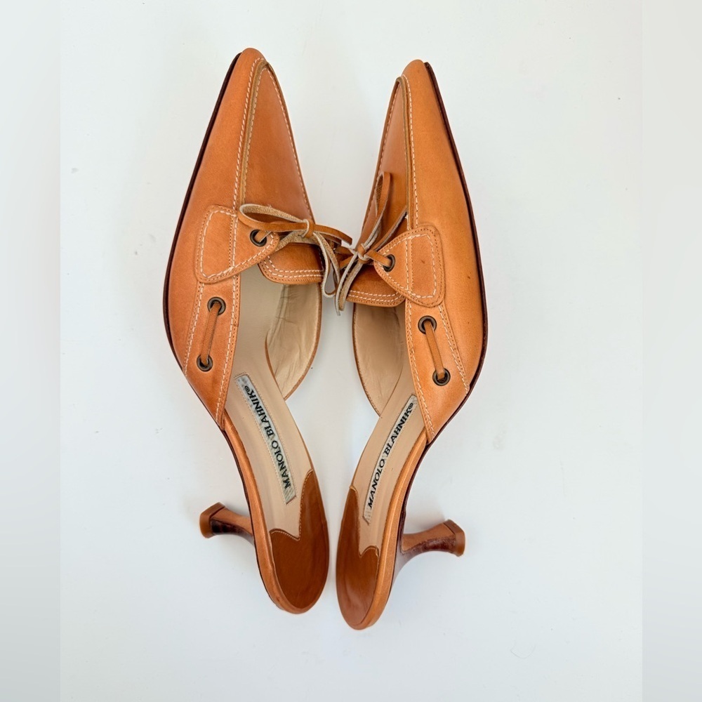 Manolo Blahnik Vintage Brown Leather Bow Lace Up Kitten Heel Mule pumps EU 38 - Picture 7 of 8